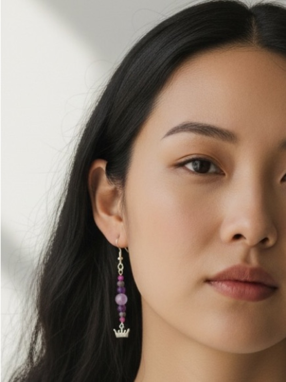 Hand Crafted Purple Beaded Dangle Earrings with Crown Charm